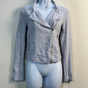 Loft Gray Cropped Fitted Linen Cotton Blend Moto Jacket, Women's XS